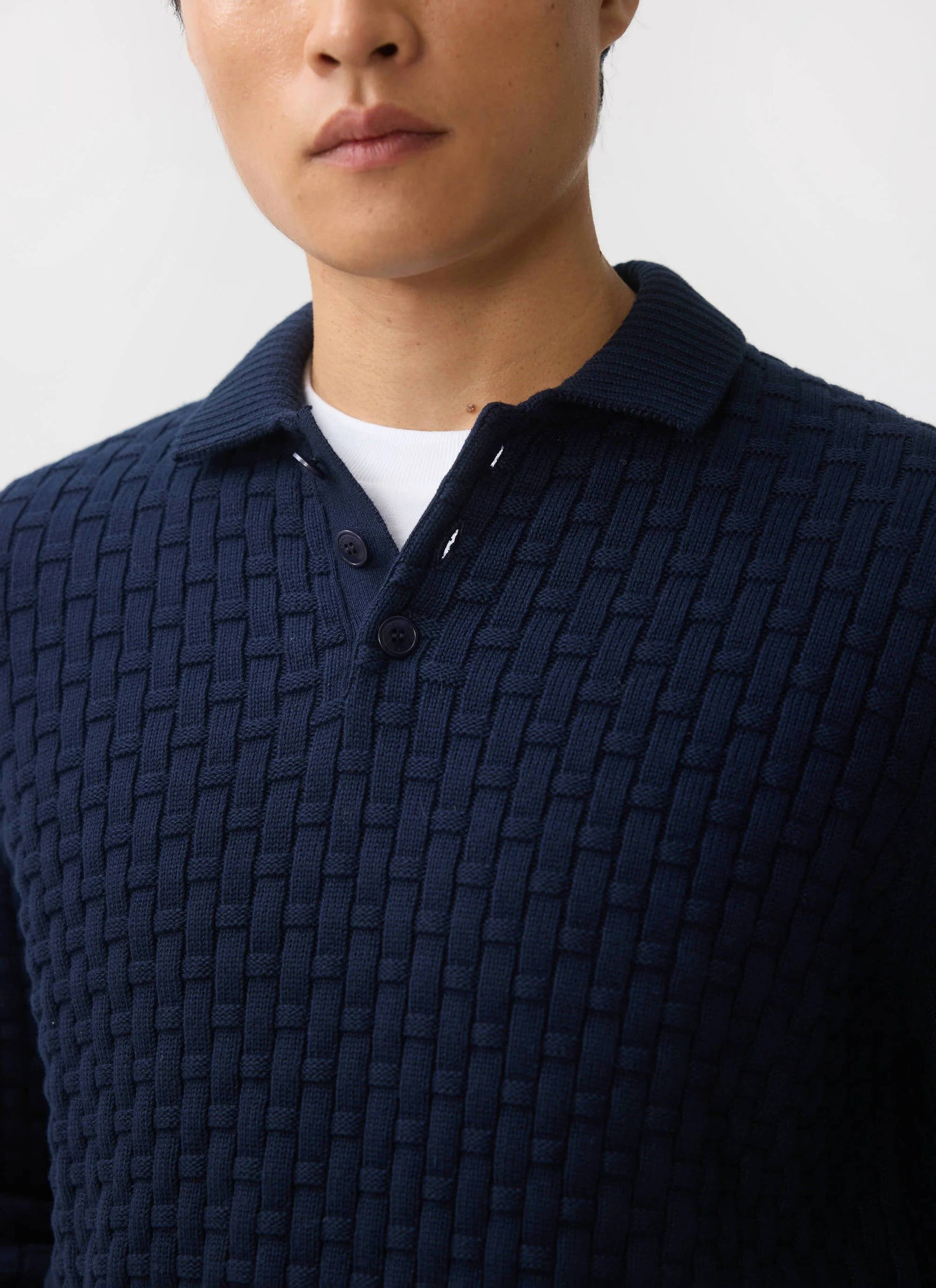 Archer Basketweave Long Sleeve Knitted Shirt | Cotton | Navy - Image 4