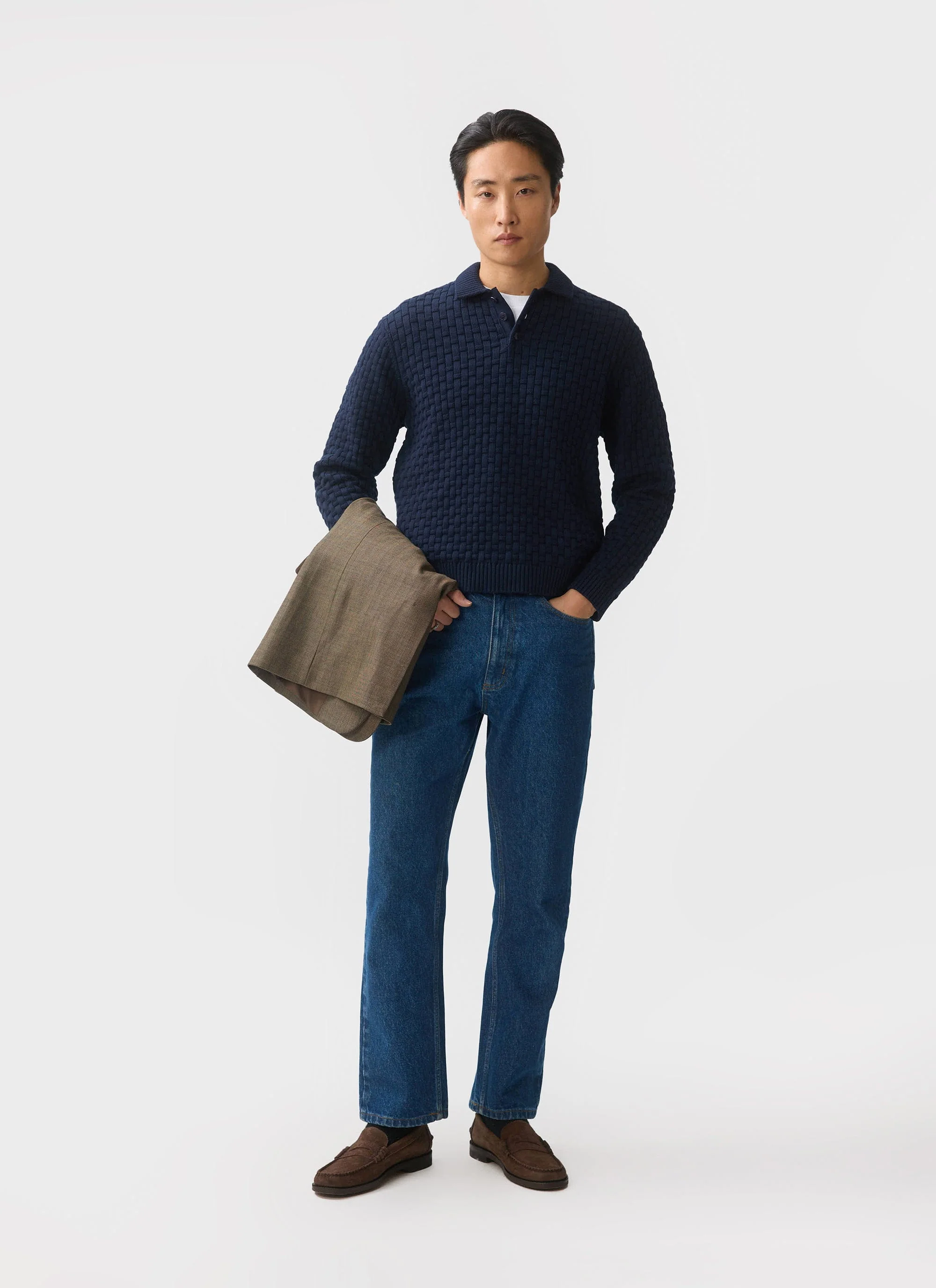 Archer Basketweave Long Sleeve Knitted Shirt | Cotton | Navy - Image 6