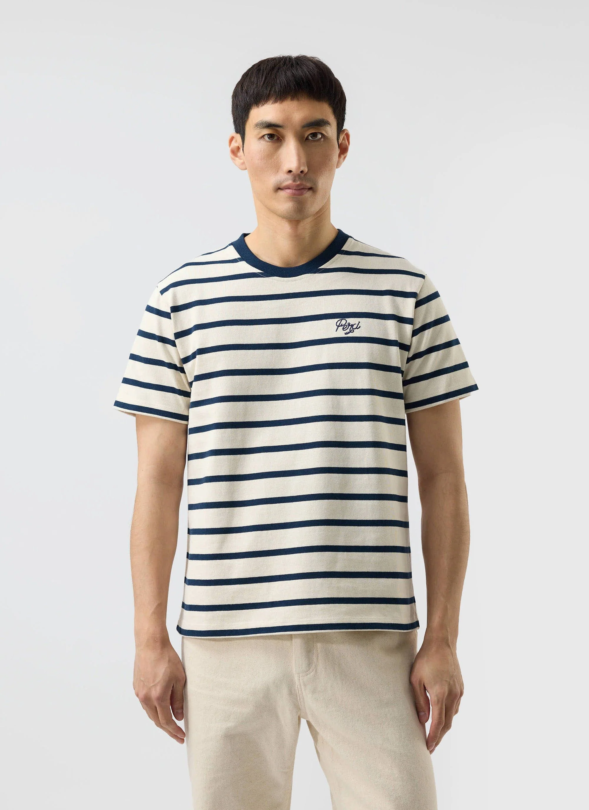 Breton Stripe T Shirt | Organic Cotton | Cream with Navy - Image 2