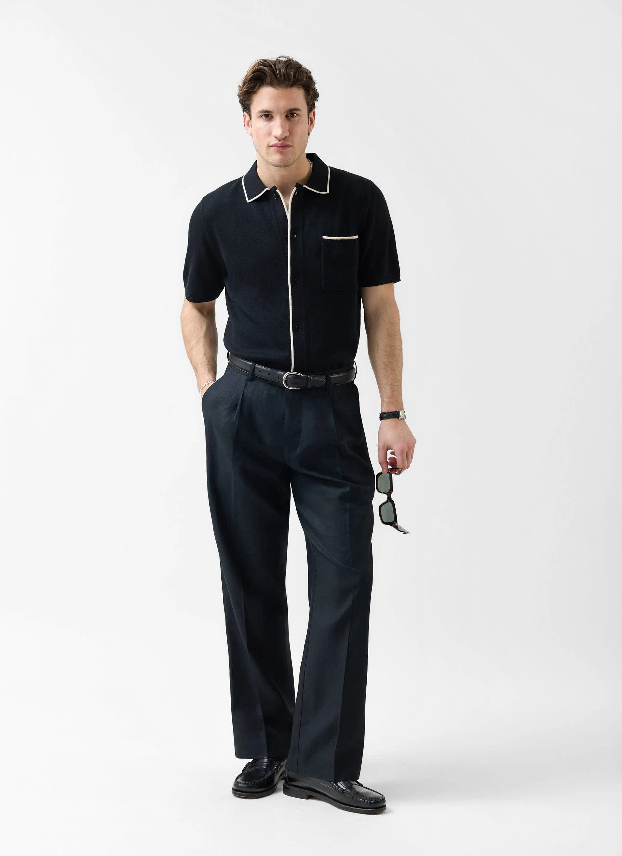 Contrast Trim Regular Knitted Shirt | Wool | Black - Image 2