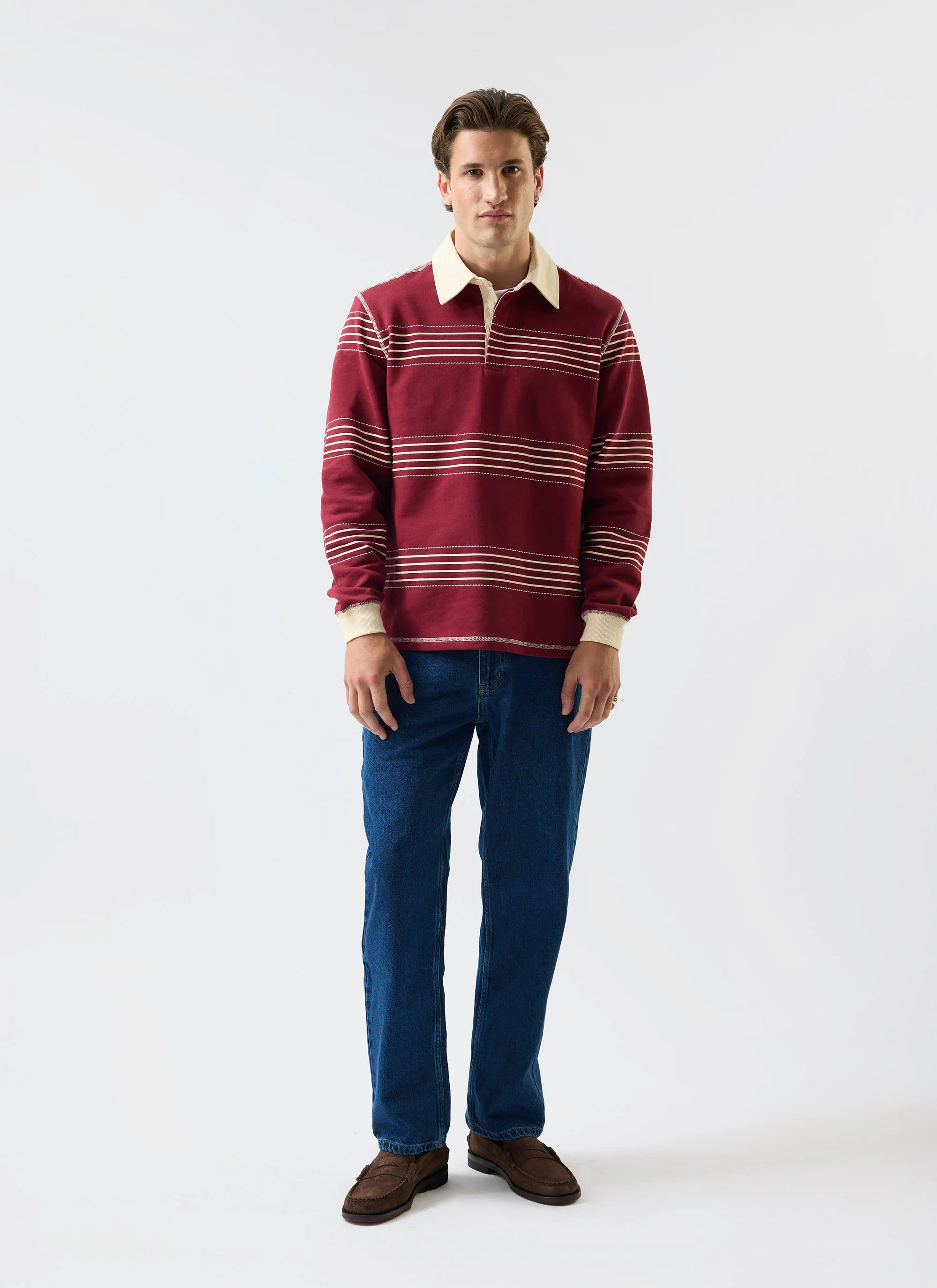 Editor Striped Rugby Polo Shirt | Cotton | Burgundy - Image 10