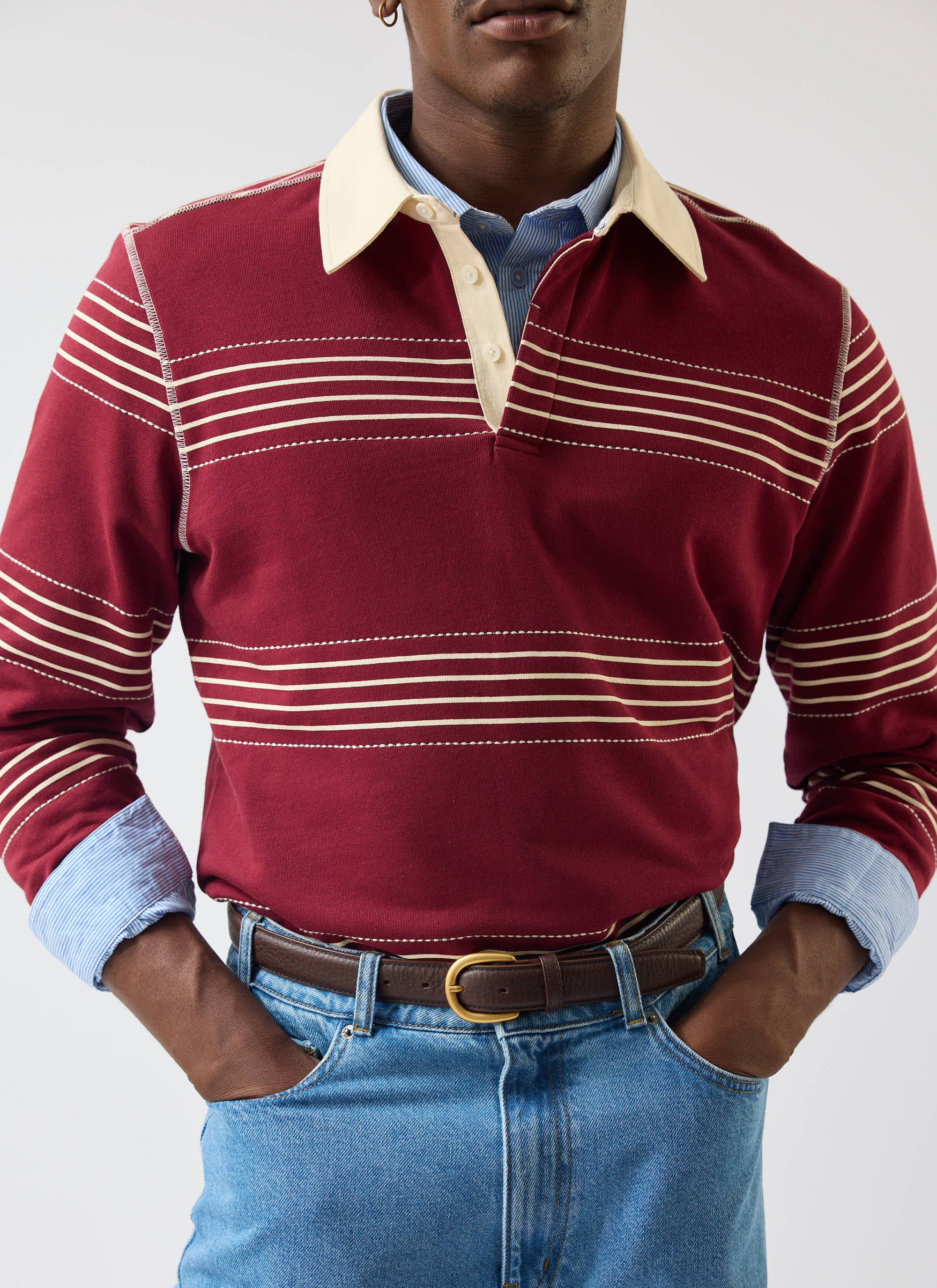 Editor Striped Rugby Polo Shirt | Cotton | Burgundy - Image 6