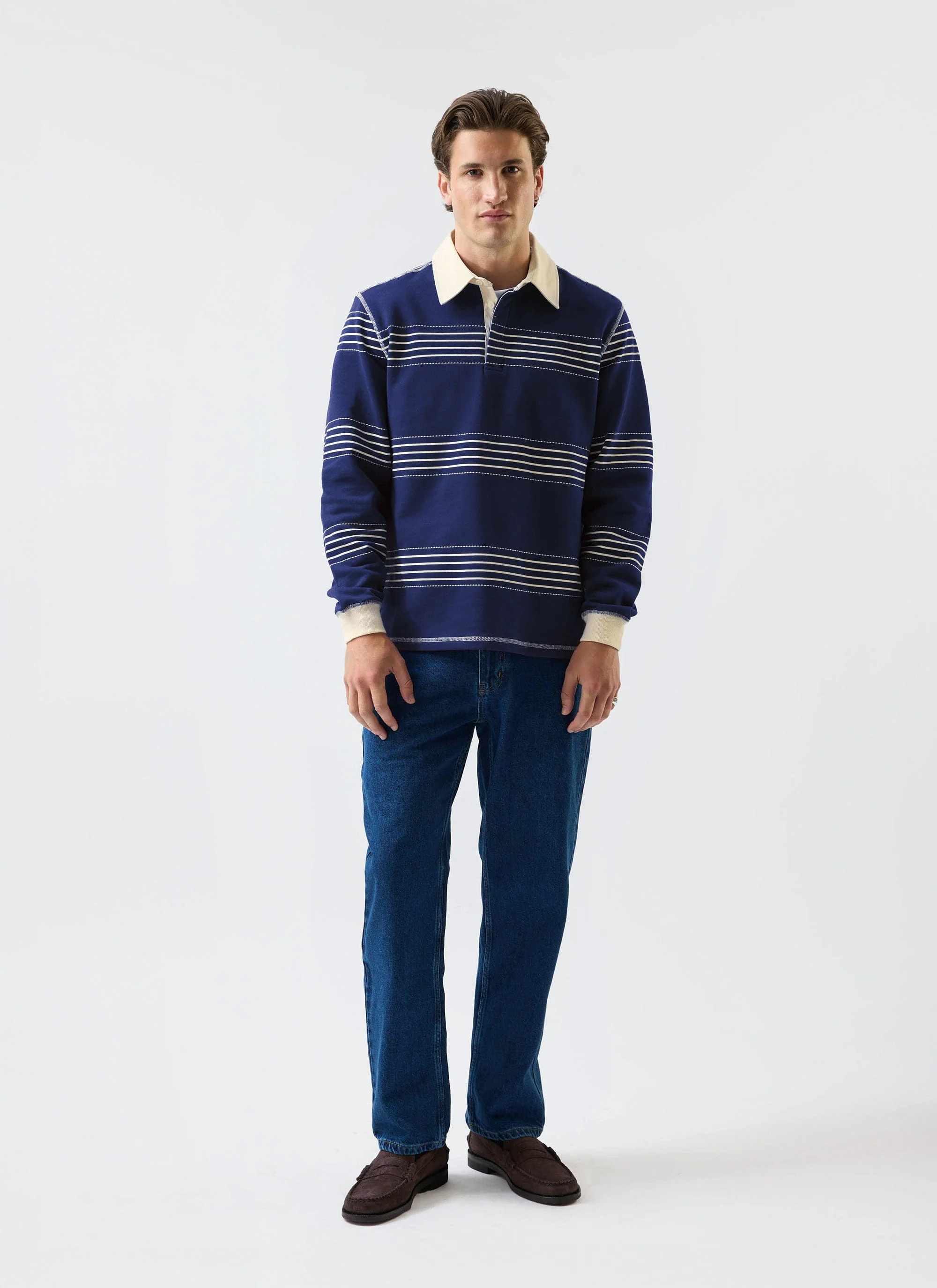 Editor Striped Rugby Polo Shirt | Cotton | Navy - Image 7