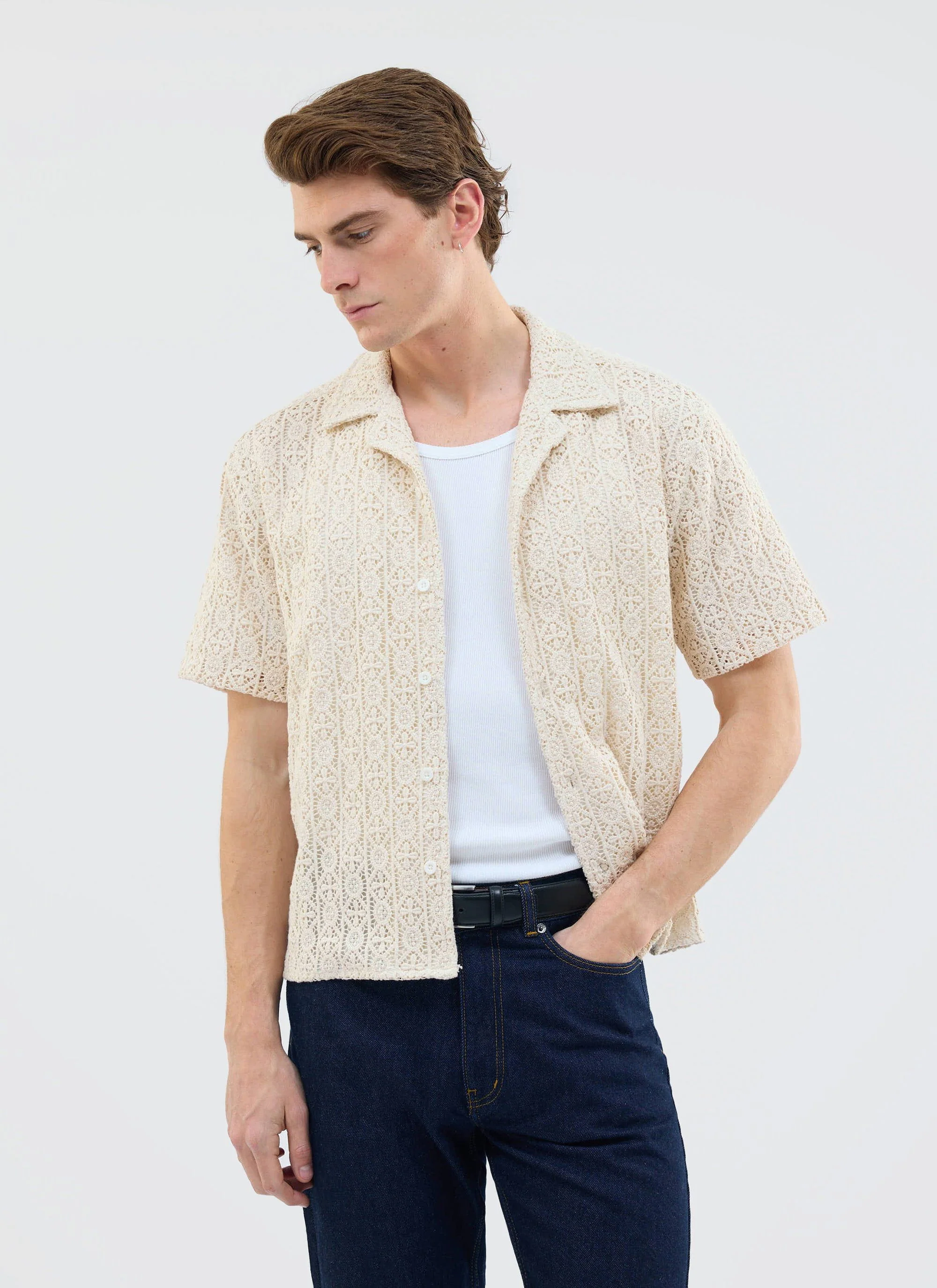 Elio Crochet Cuban Shirt | Cream - Image 3