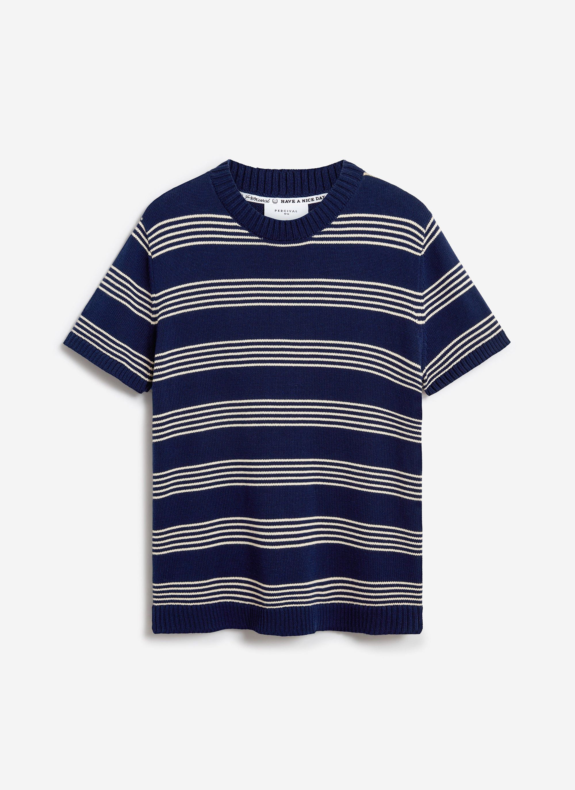 Fiction Striped Knitted T Shirt | Cotton | Navy