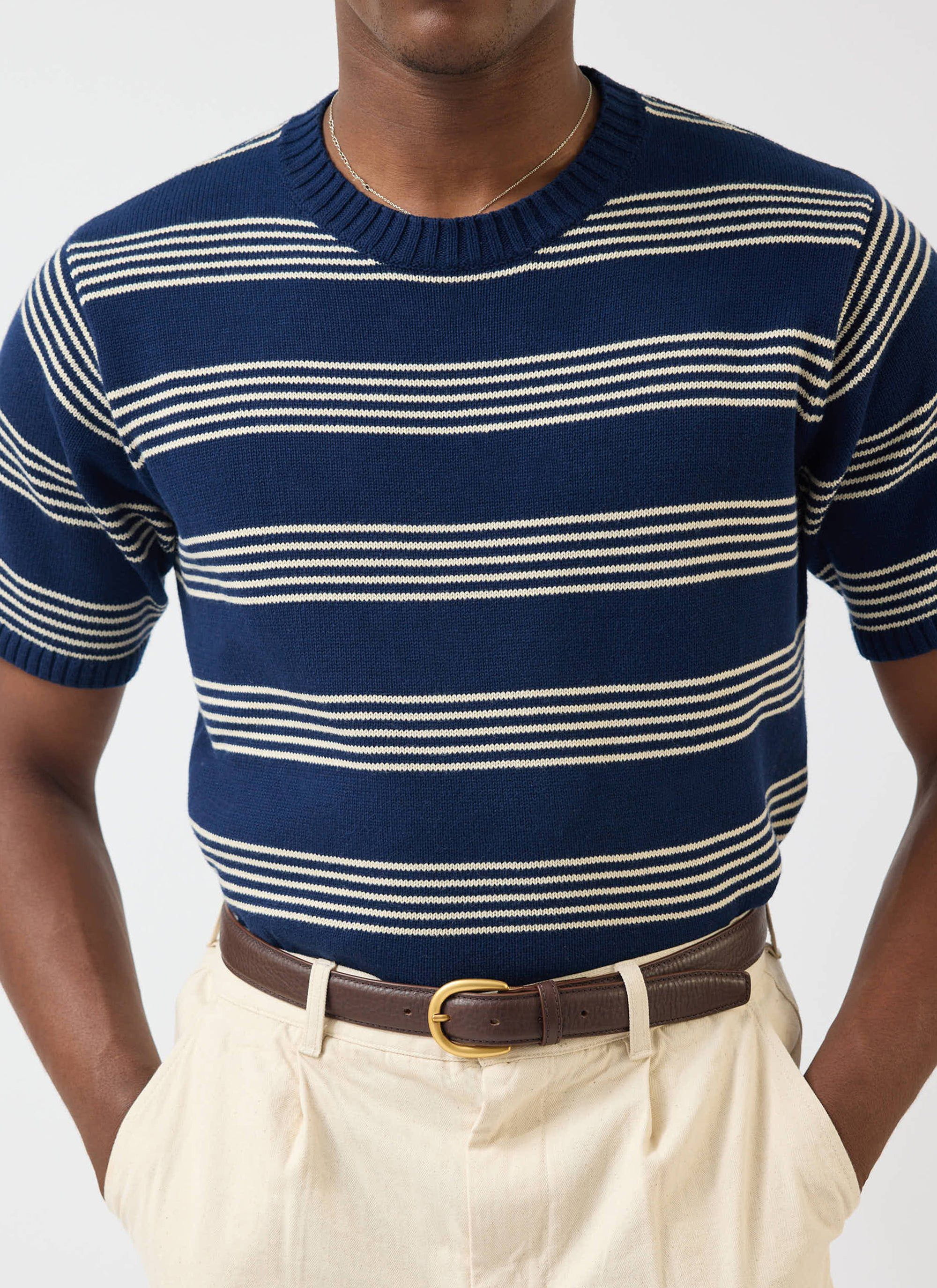 Fiction Striped Knitted T Shirt | Cotton | Navy - Image 8