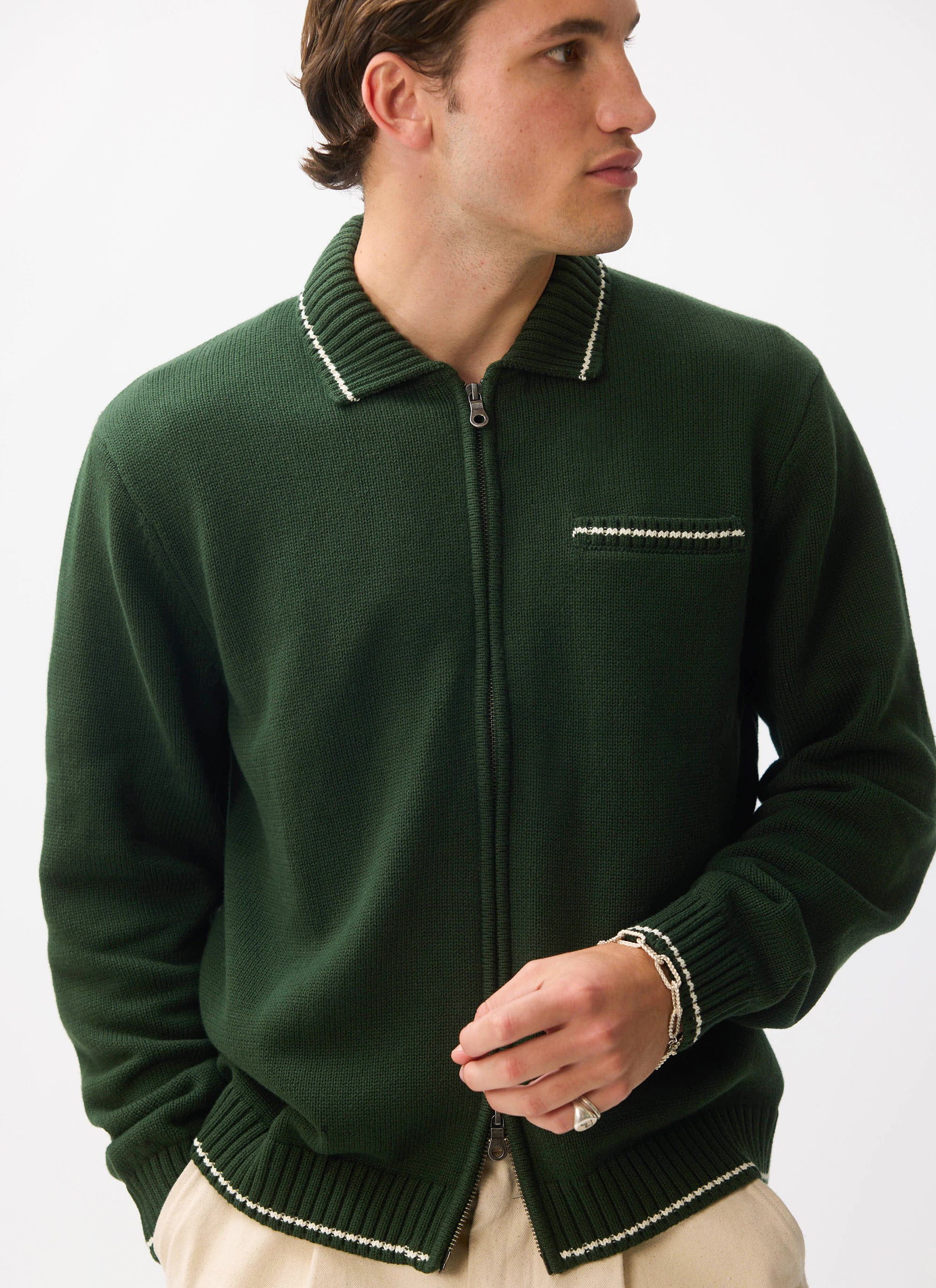 Gardner Dense Knitted Zip Cardigan | Cotton | Forest - Image 5