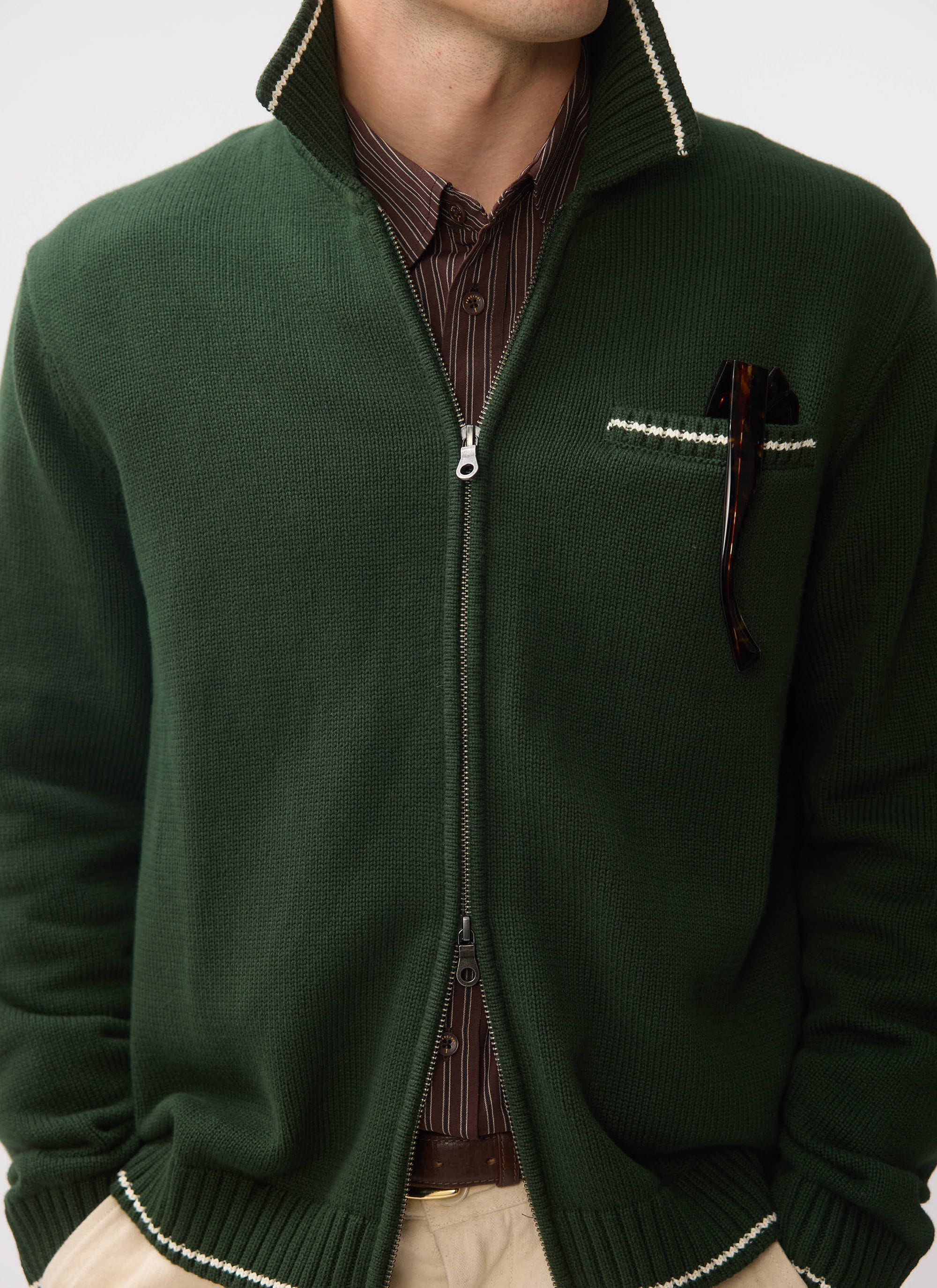 Gardner Dense Knitted Zip Cardigan | Cotton | Forest - Image 9