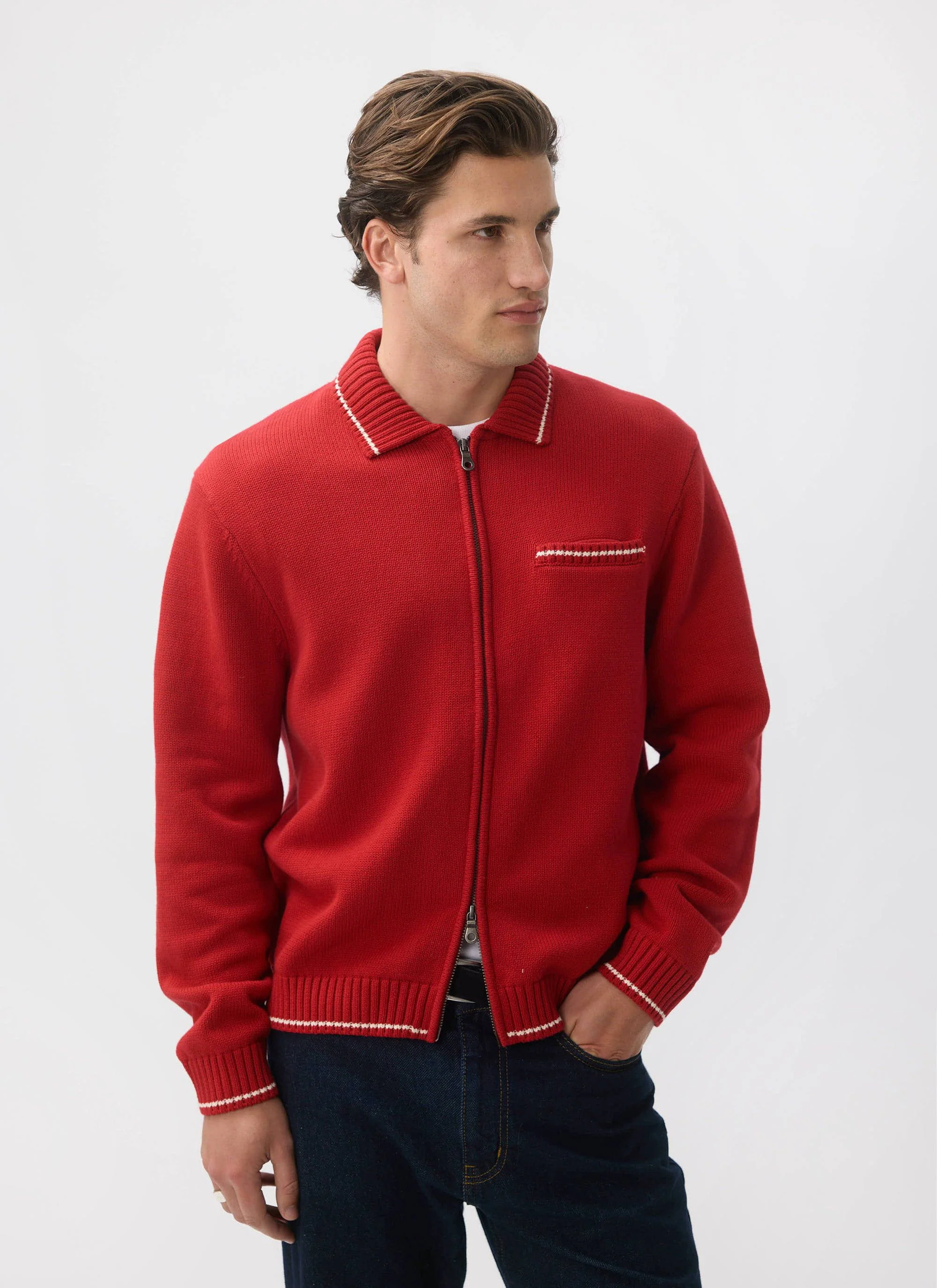 Gardner Dense Knitted Zip Cardigan | Cotton | Red - Image 10