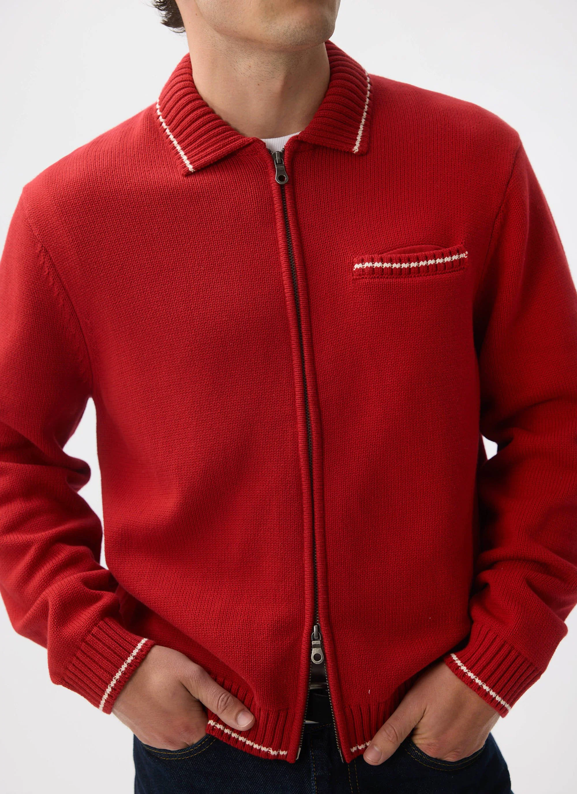 Gardner Dense Knitted Zip Cardigan | Cotton | Red - Image 3
