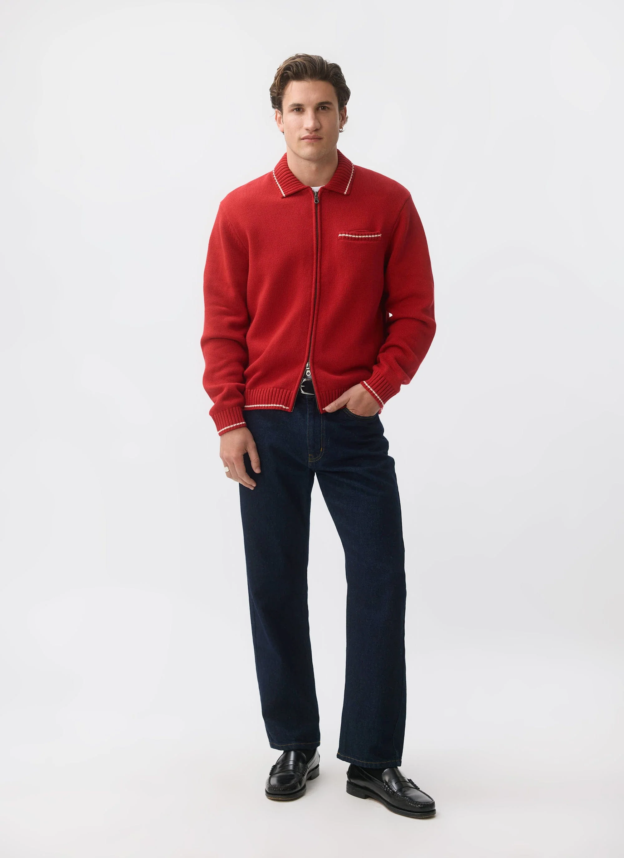 Gardner Dense Knitted Zip Cardigan | Cotton | Red - Image 5