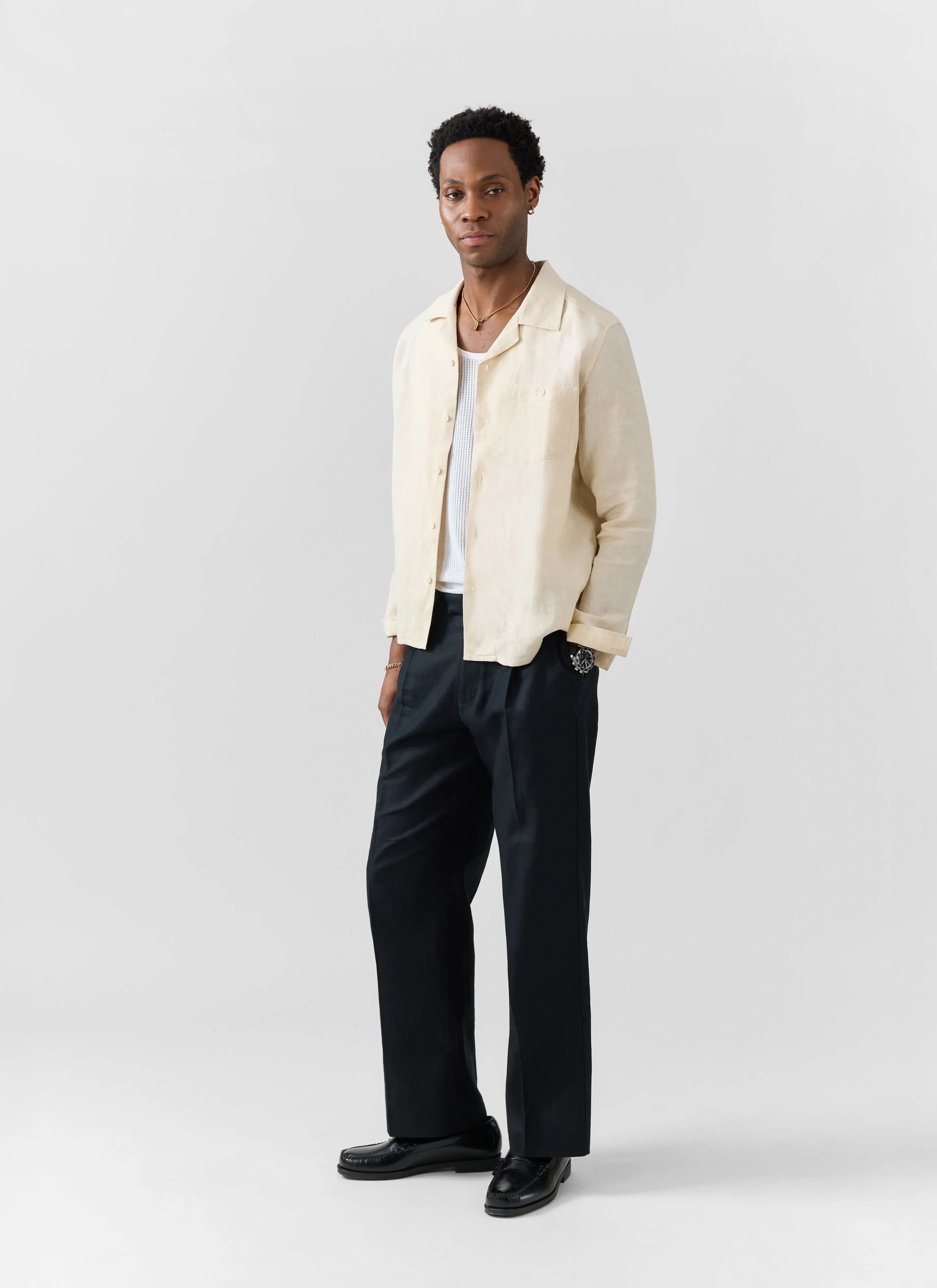 Long Sleeve Cuban Linen Shirt | Cream - Image 9