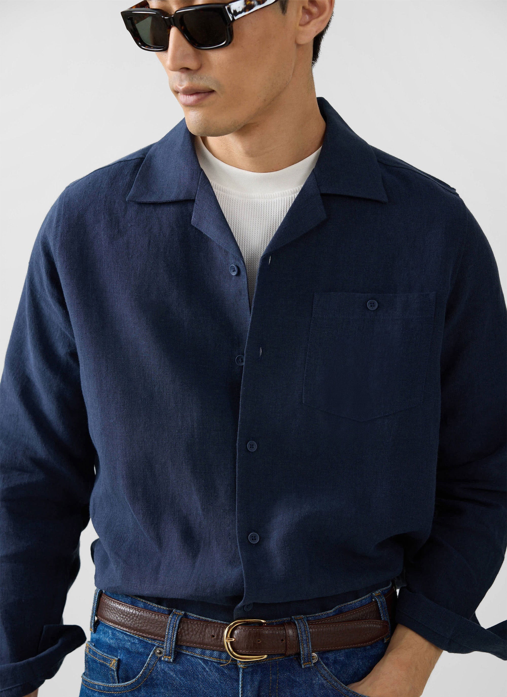 Long Sleeve Cuban Linen Shirt | Navy - Image 2