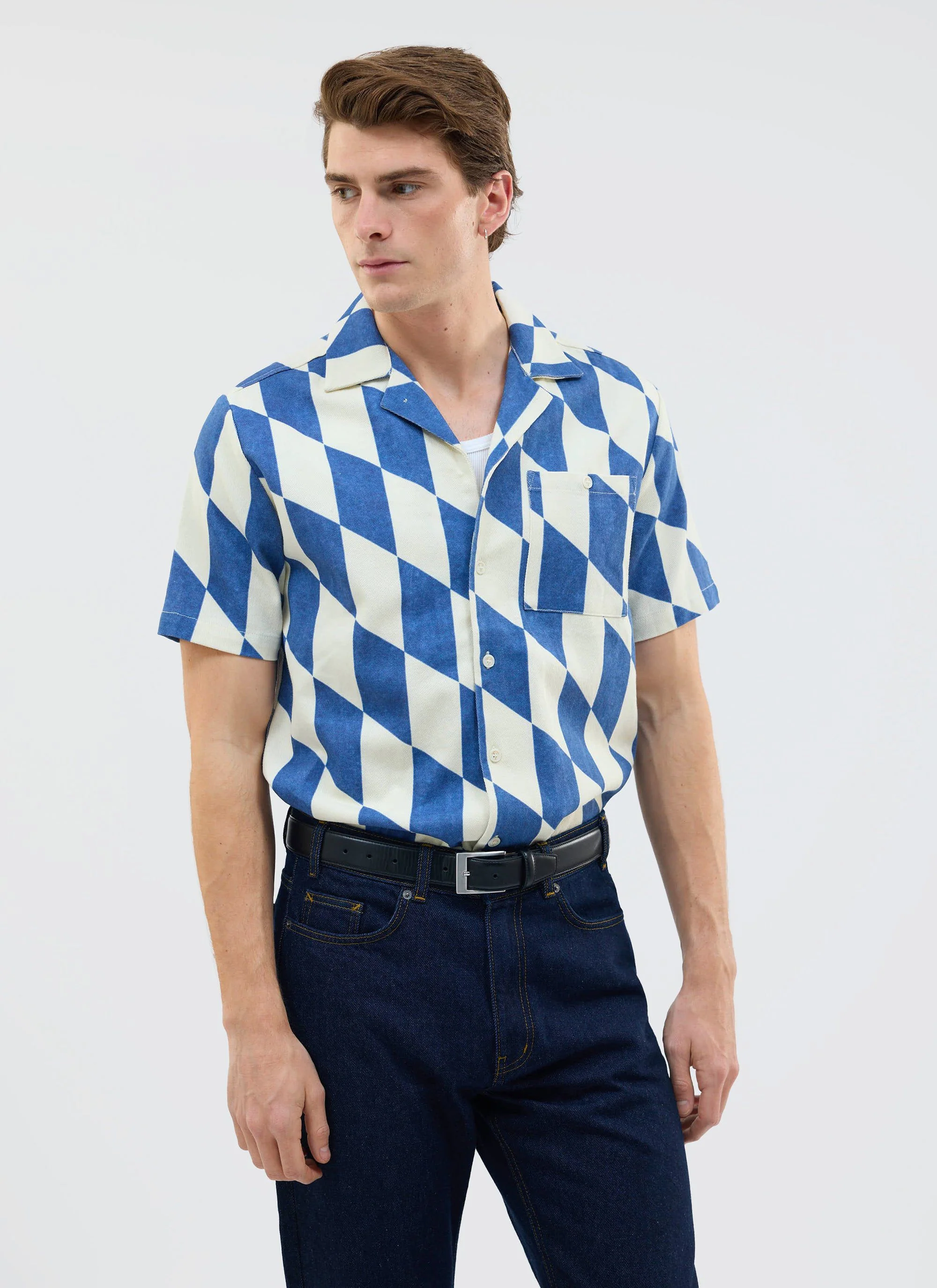 Market Diamond Cuban Shirt | Cotton | Cream with Navy - Image 3