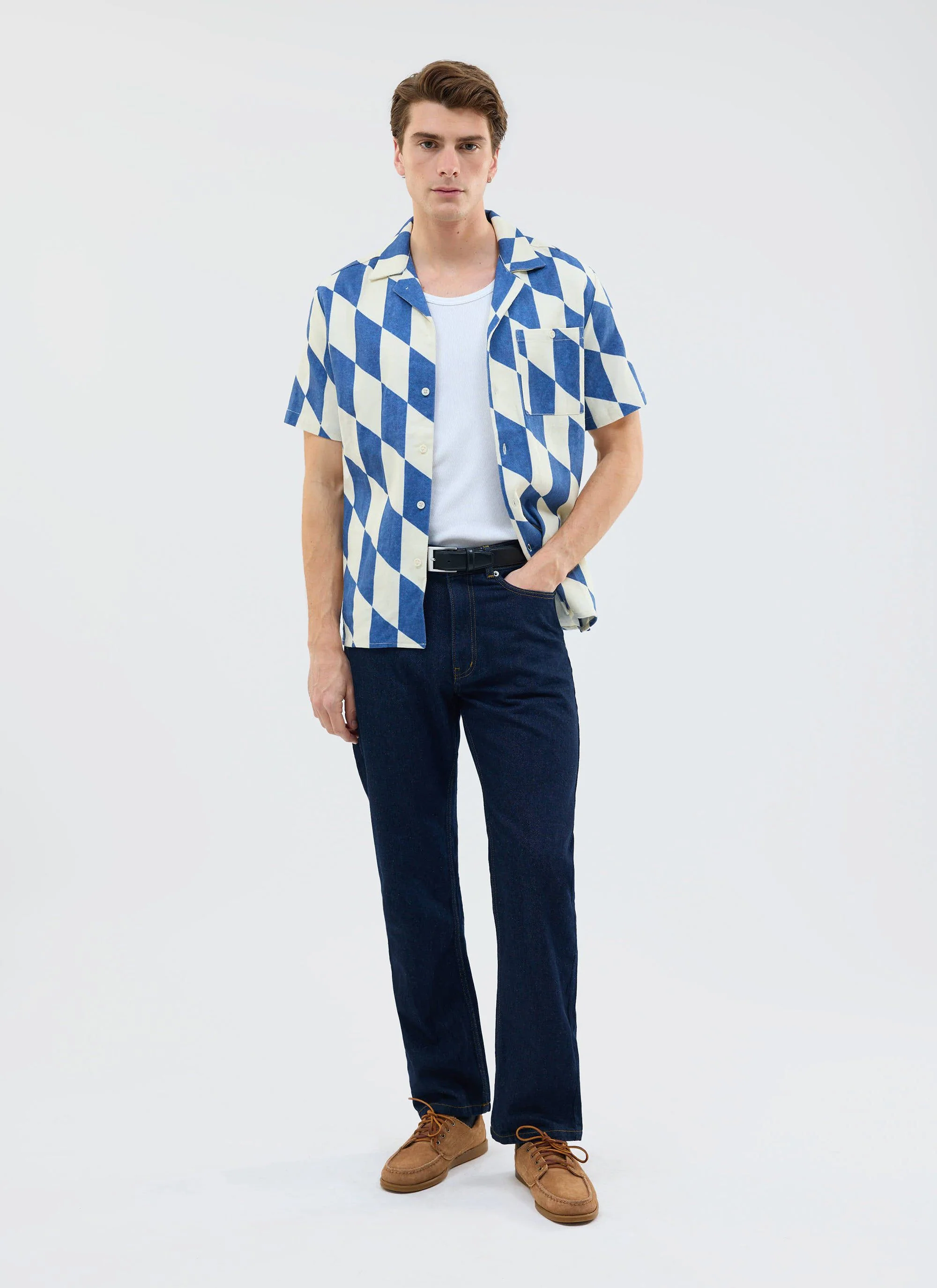 Market Diamond Cuban Shirt | Cotton | Cream with Navy - Image 4