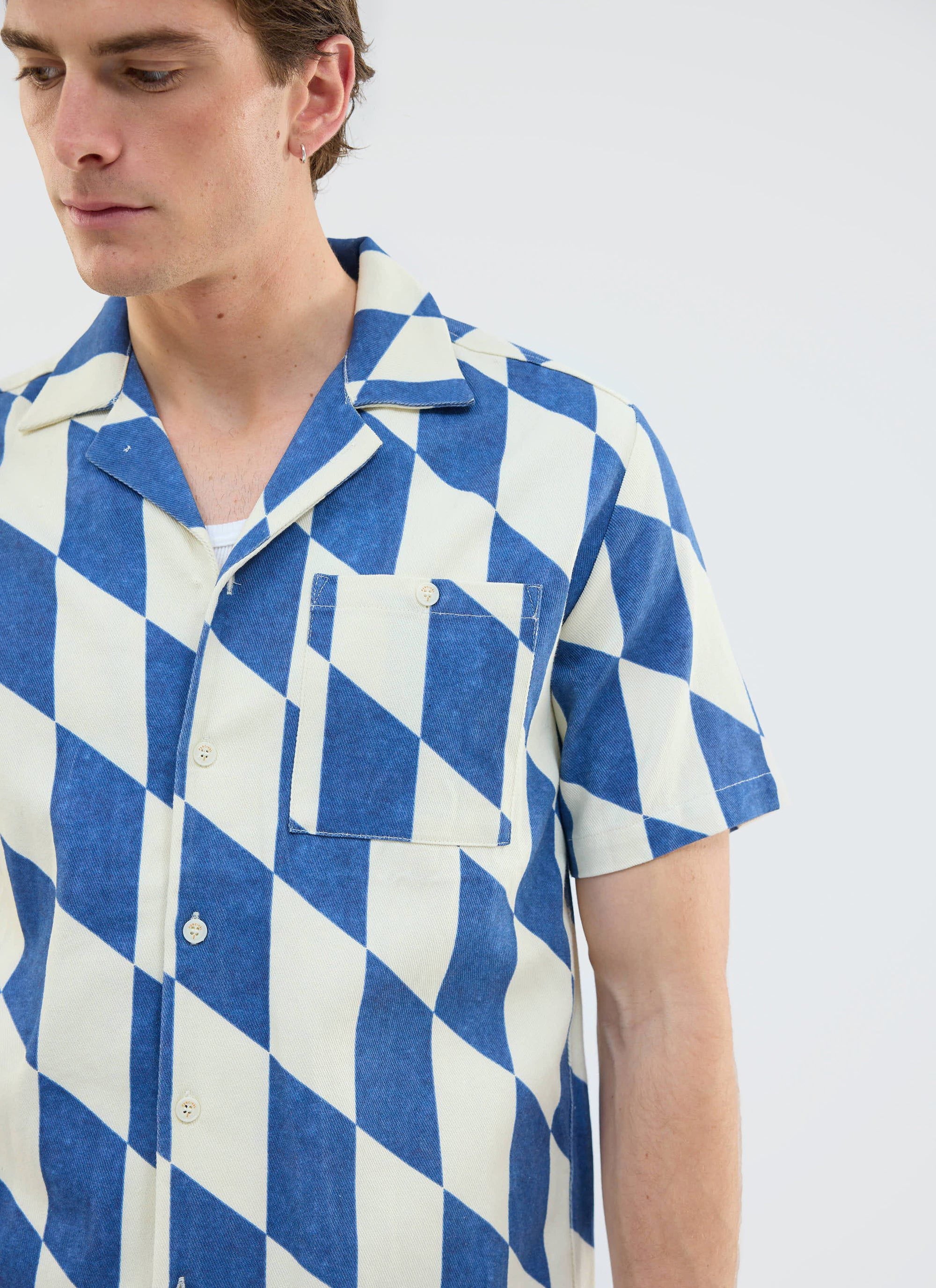Market Diamond Cuban Shirt | Cotton | Cream with Navy - Image 5