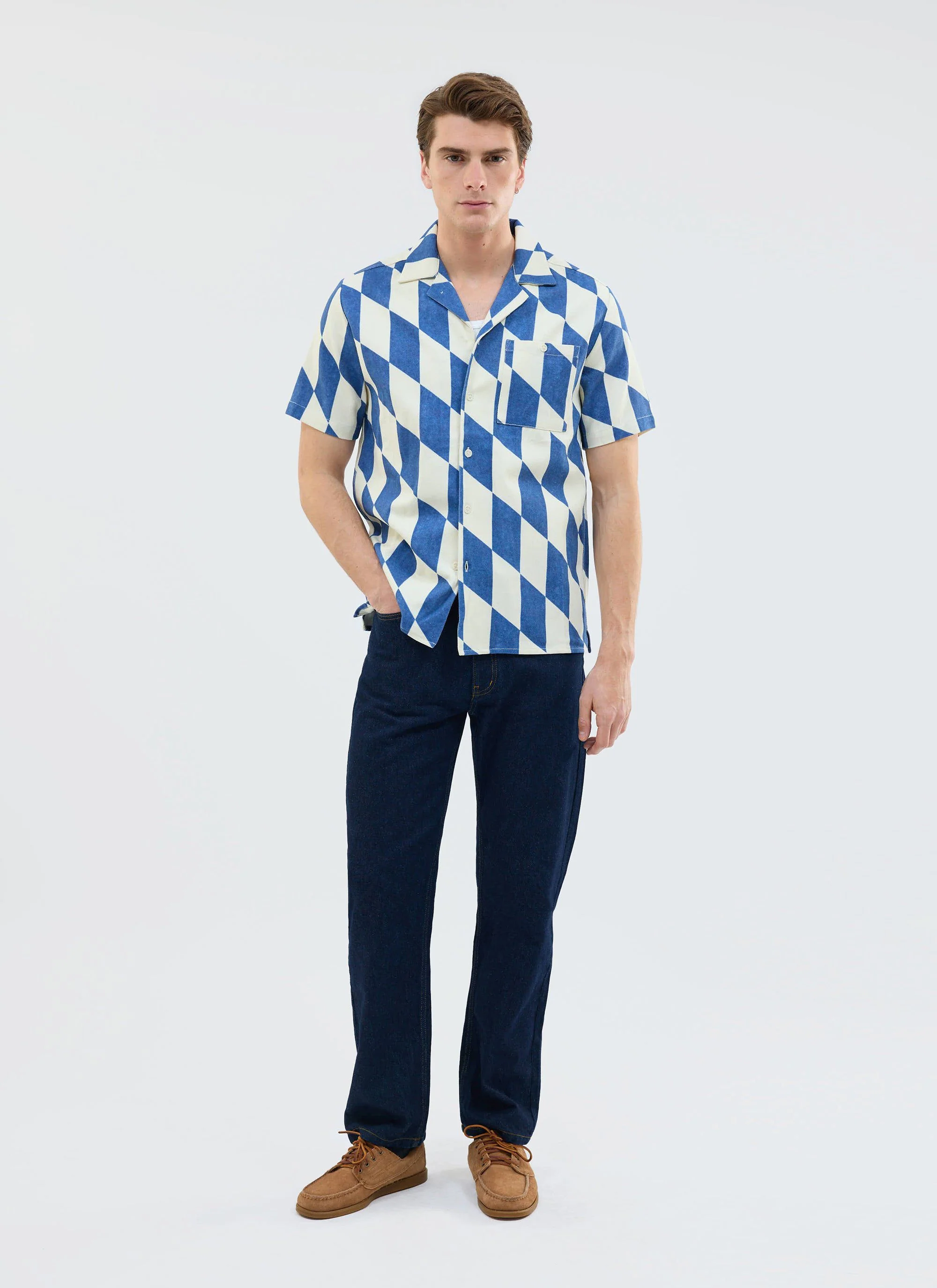 Market Diamond Cuban Shirt | Cotton | Cream with Navy - Image 8