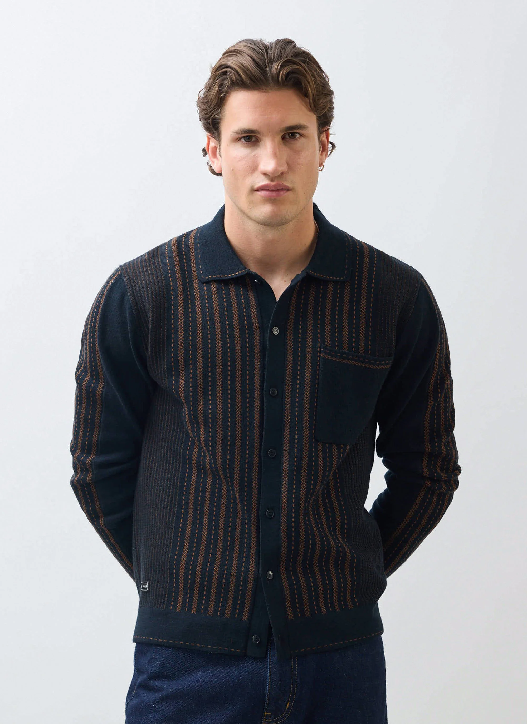 Appendix Long Sleeve Knitted Shirt | Cotton | Black with Brown - Image 3
