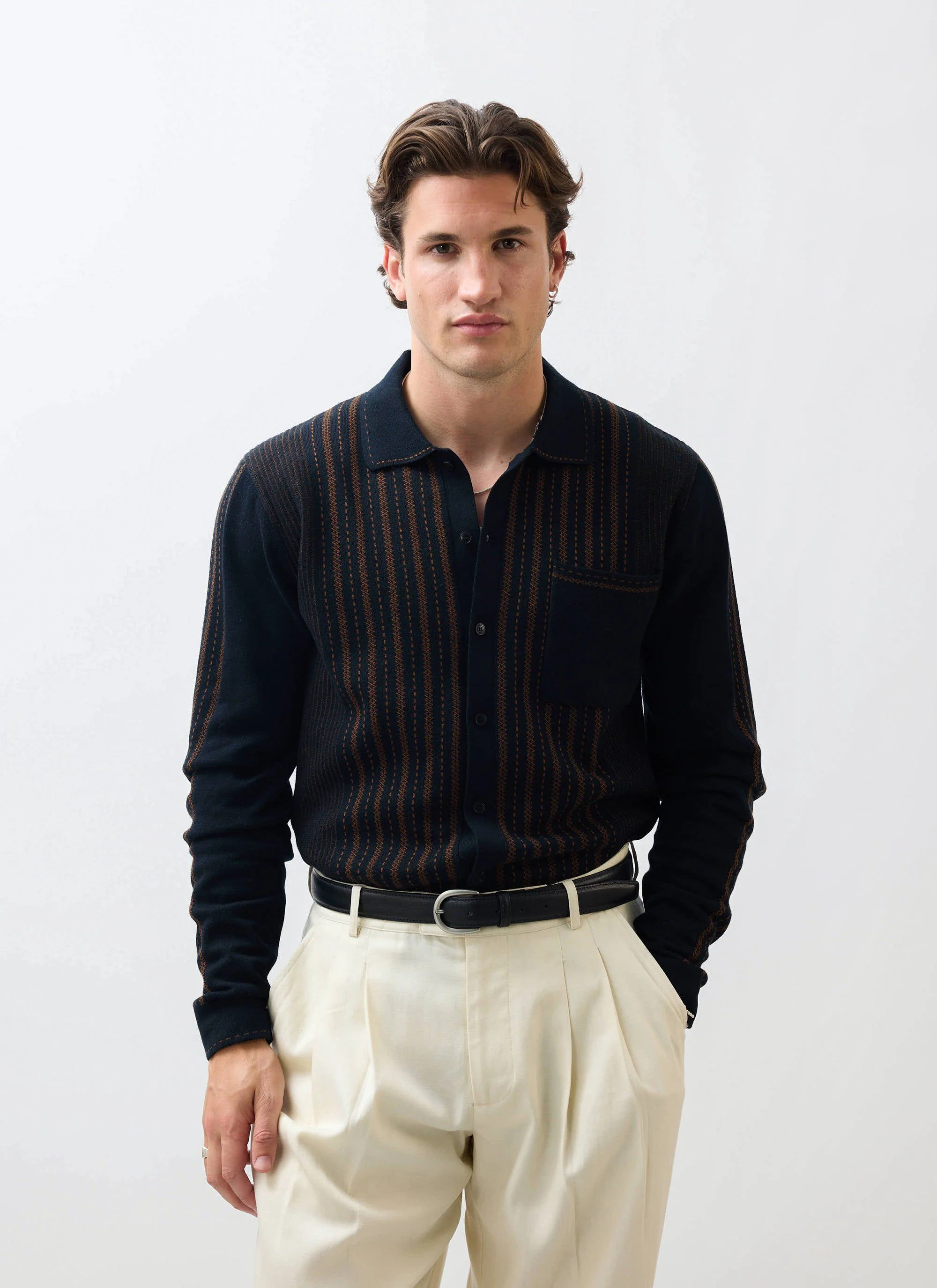 Appendix Long Sleeve Knitted Shirt | Cotton | Black with Brown - Image 7