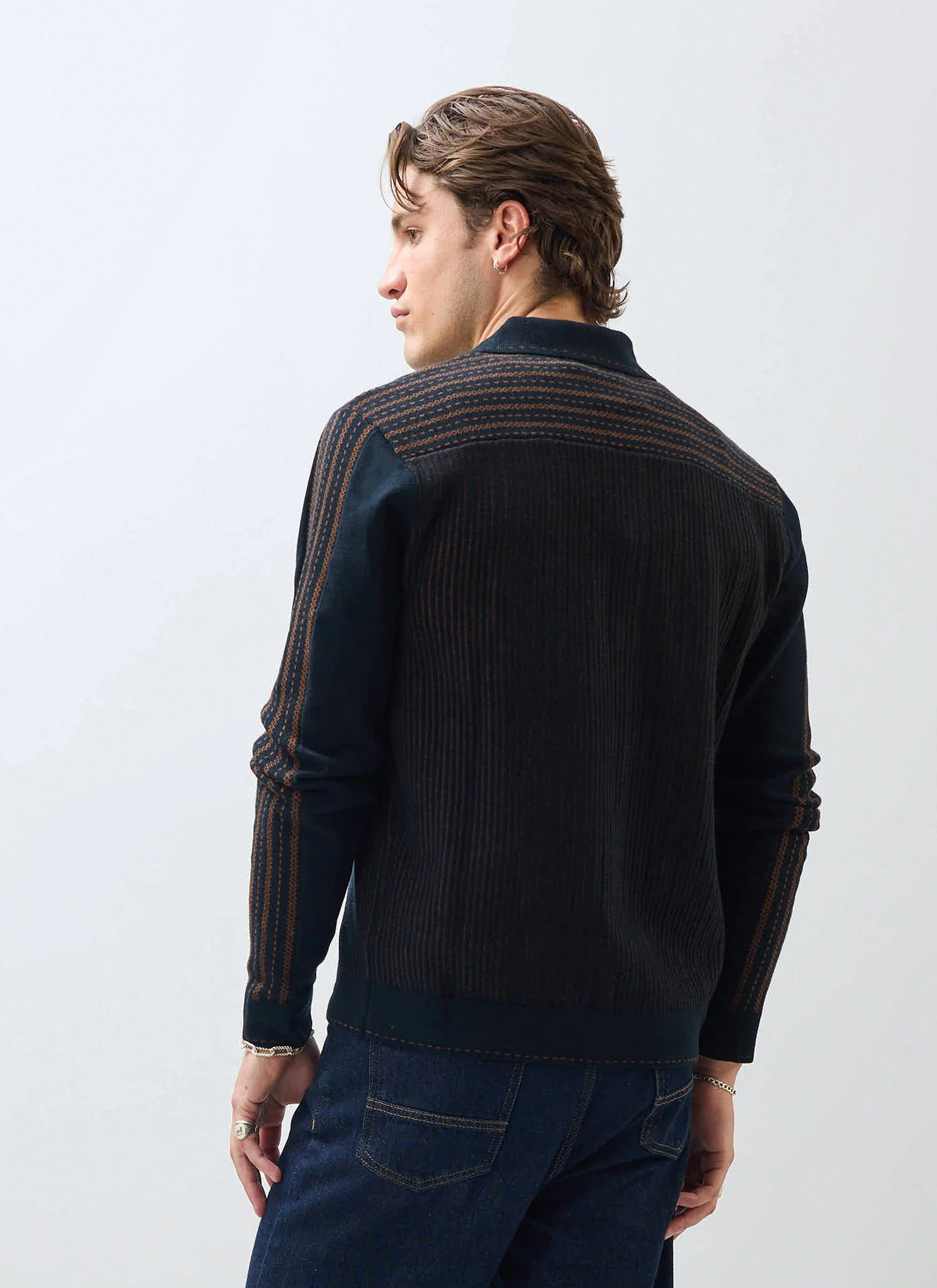 Appendix Long Sleeve Knitted Shirt | Cotton | Black with Brown - Image 9