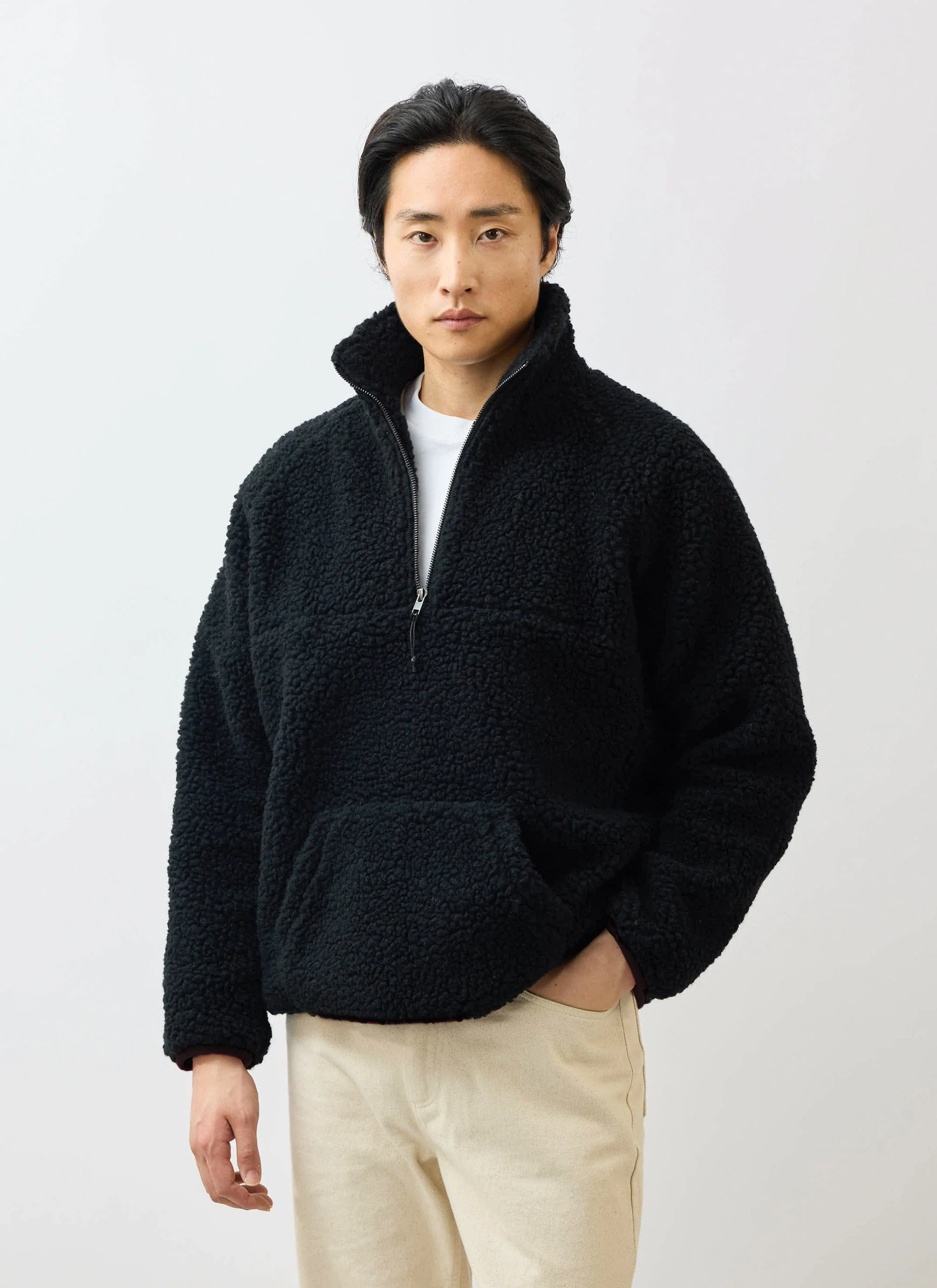 Men's Quarter Zip Wool Fleece Pullover | Black - Image 3