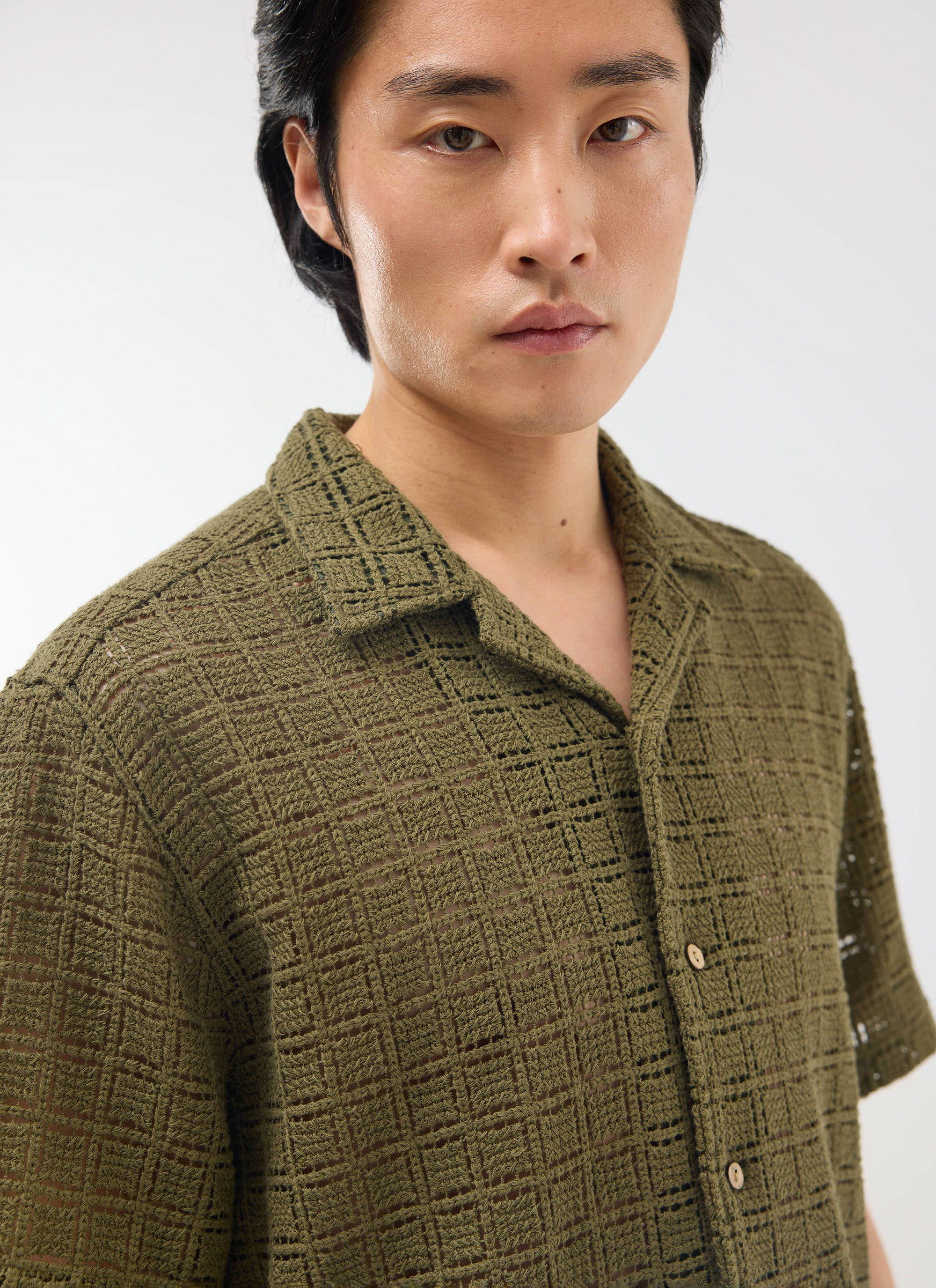 Palermo Crochet Cuban Shirt | Cotton | Olive Green - Image 3