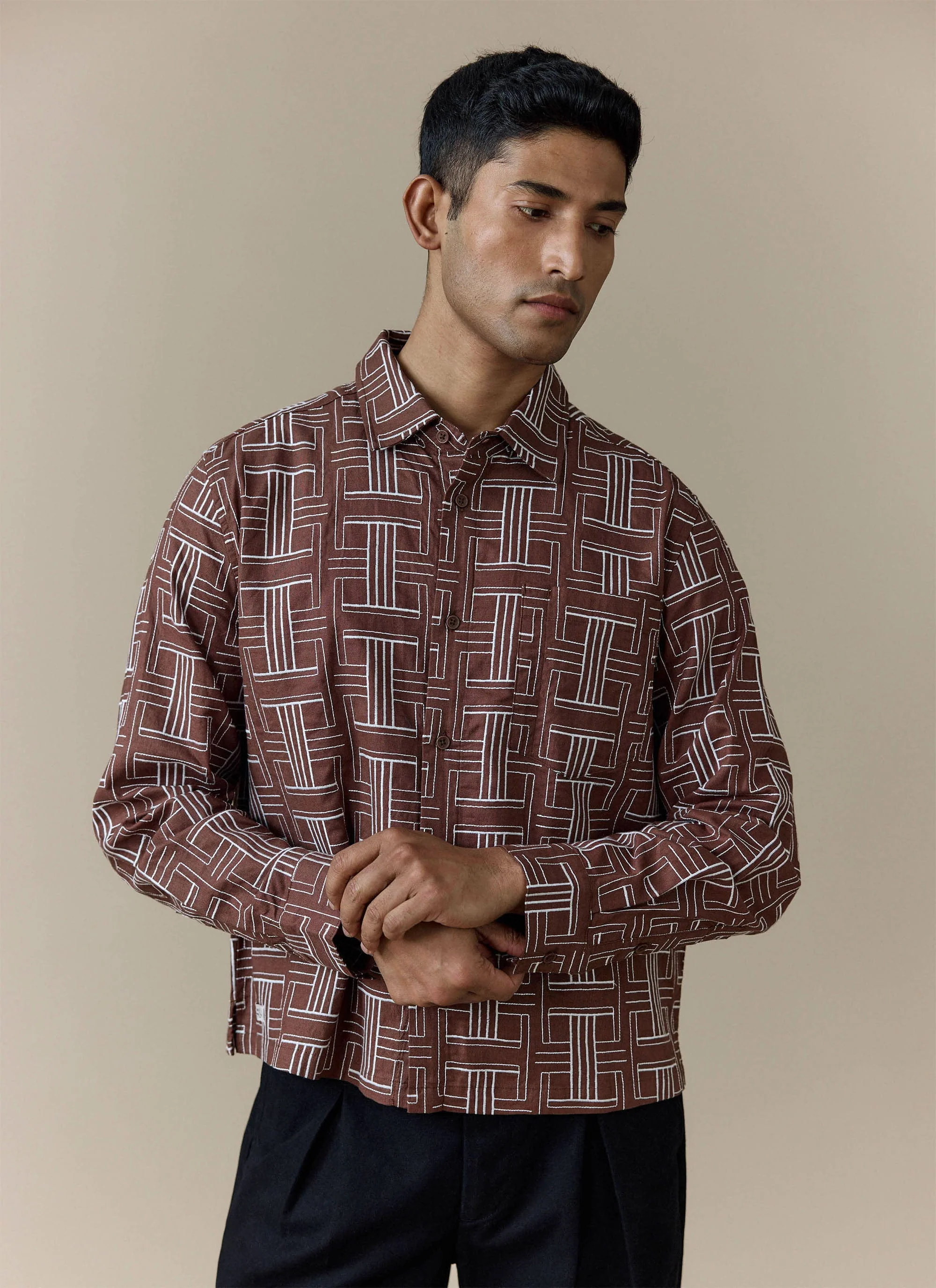 Sashiko Boxy Shirt | Brown