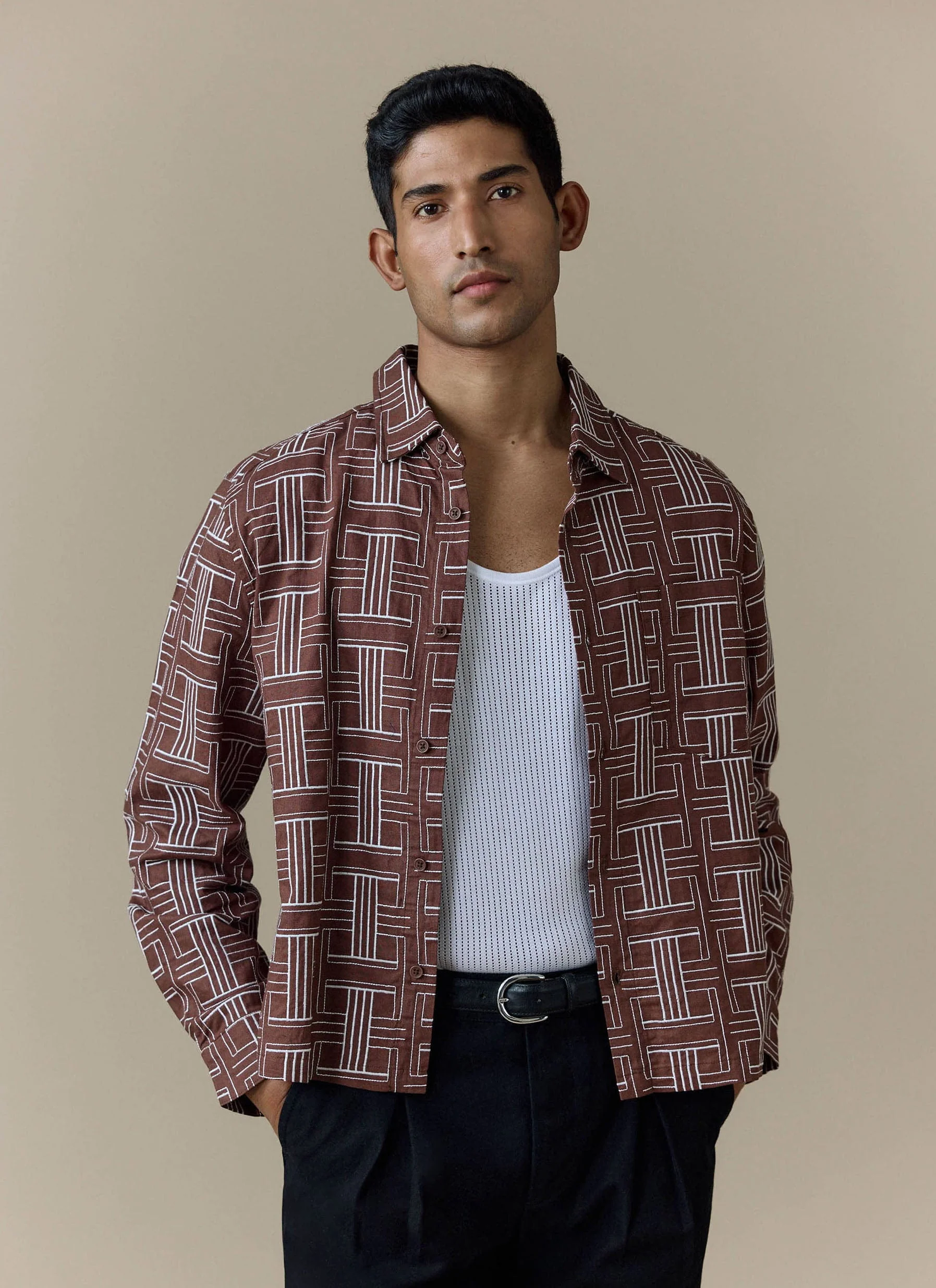 Sashiko Boxy Shirt | Brown - Image 4