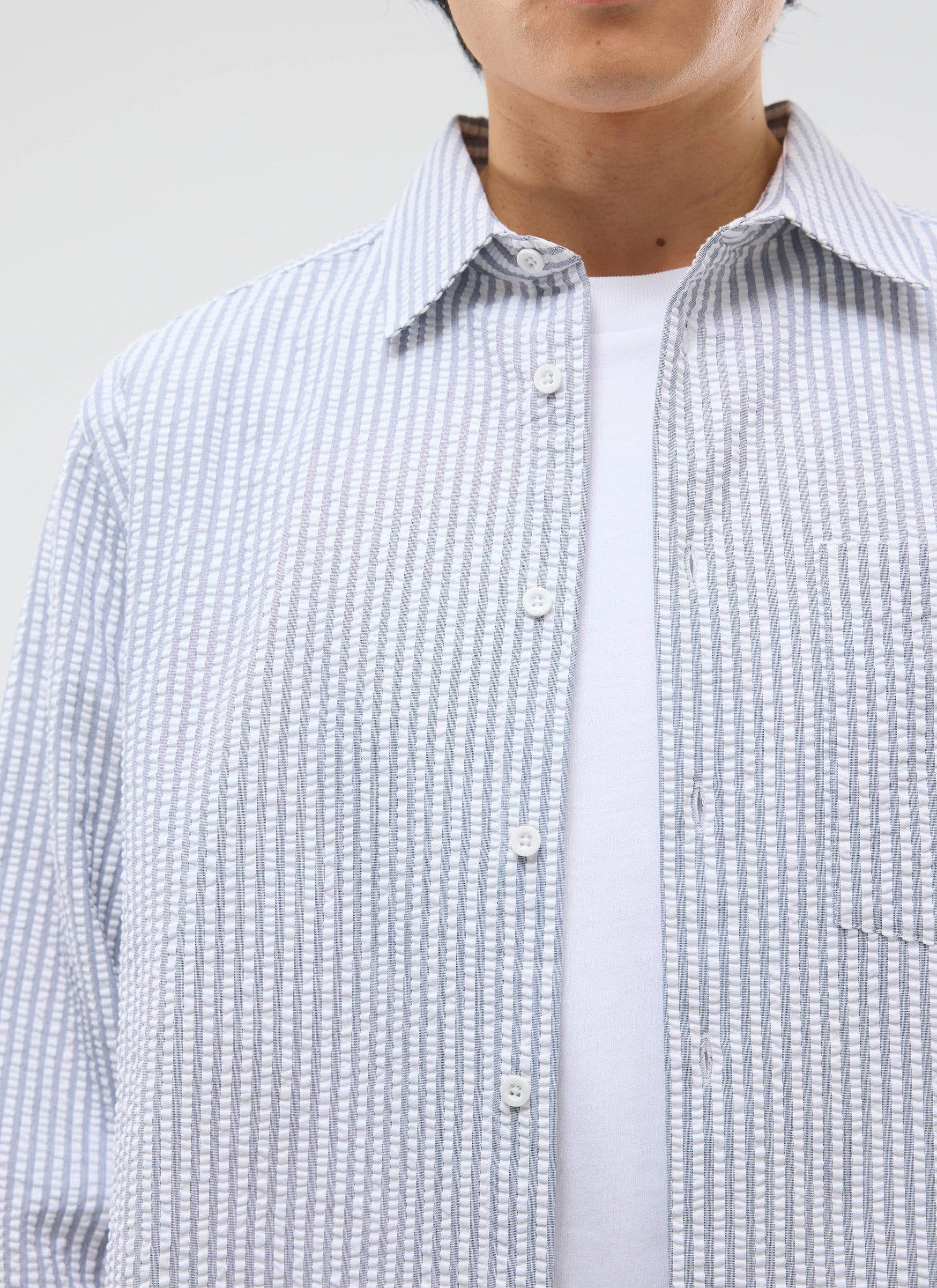 Seersucker Stripe Pearce Shirt | Cotton | Grey - Image 3