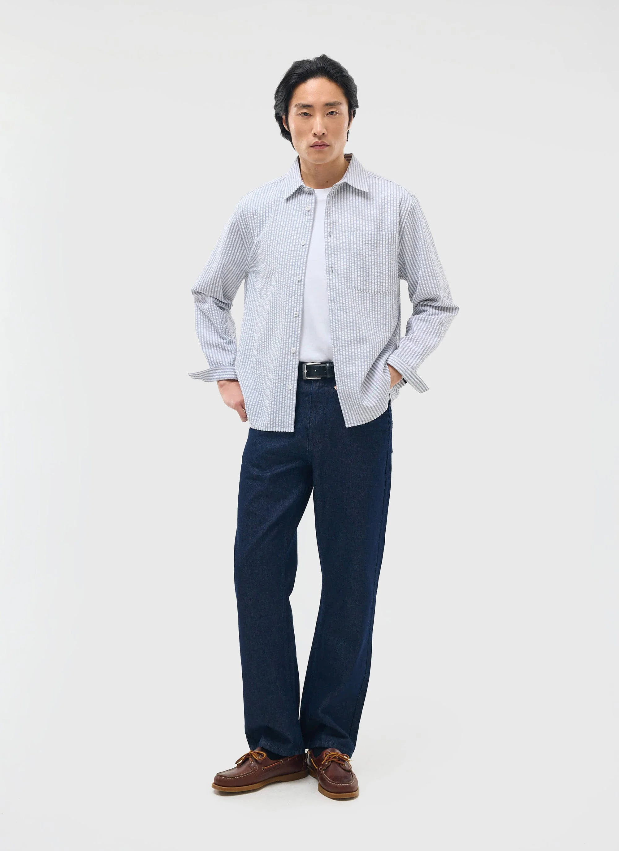 Seersucker Stripe Pearce Shirt | Cotton | Grey - Image 4