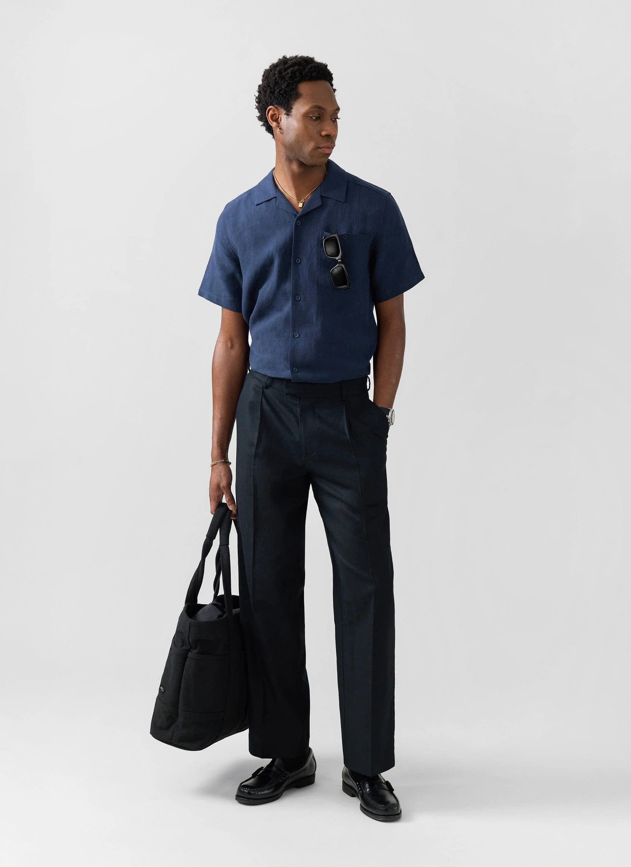 Short Sleeve Cuban Shirt | Linen | Navy - Image 5