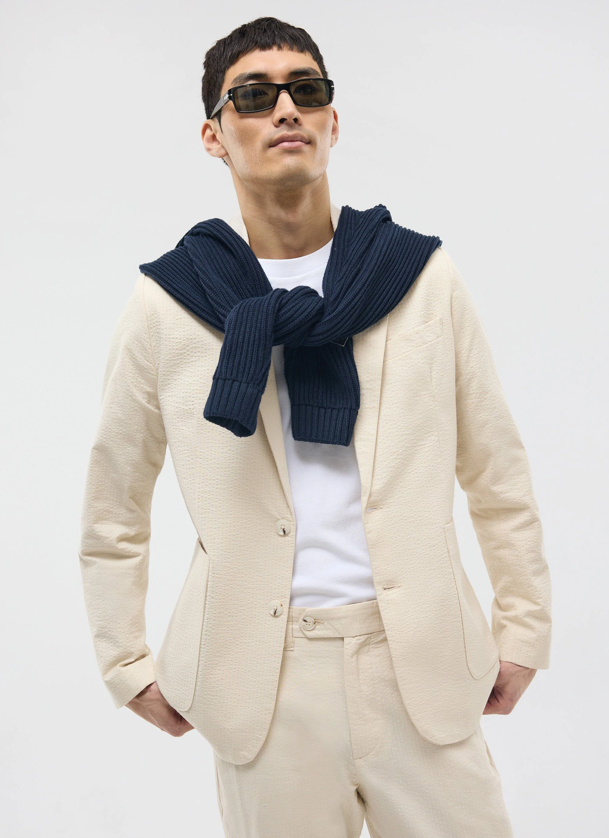 Tailored Seersucker Blazer | Cream - Image 7
