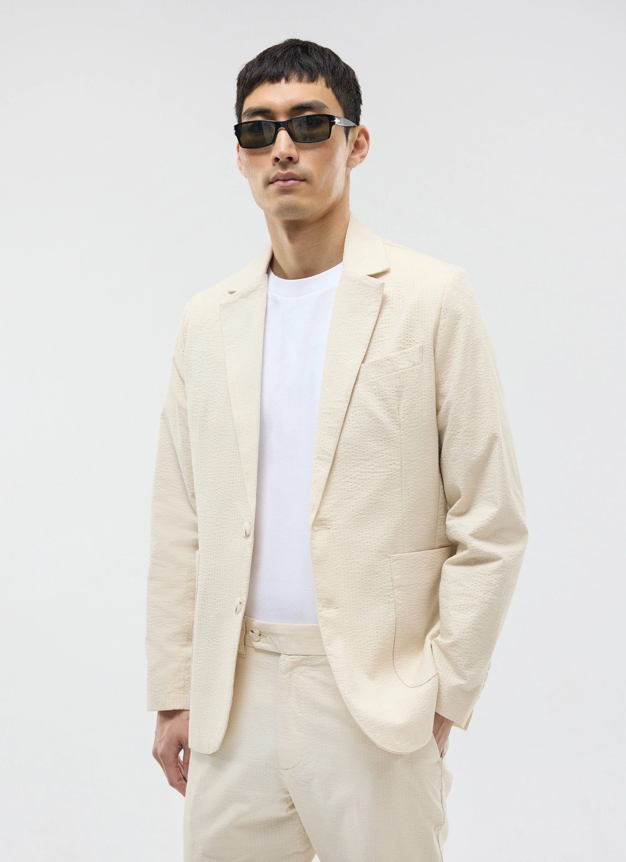 Tailored Seersucker Blazer | Cream - Image 9