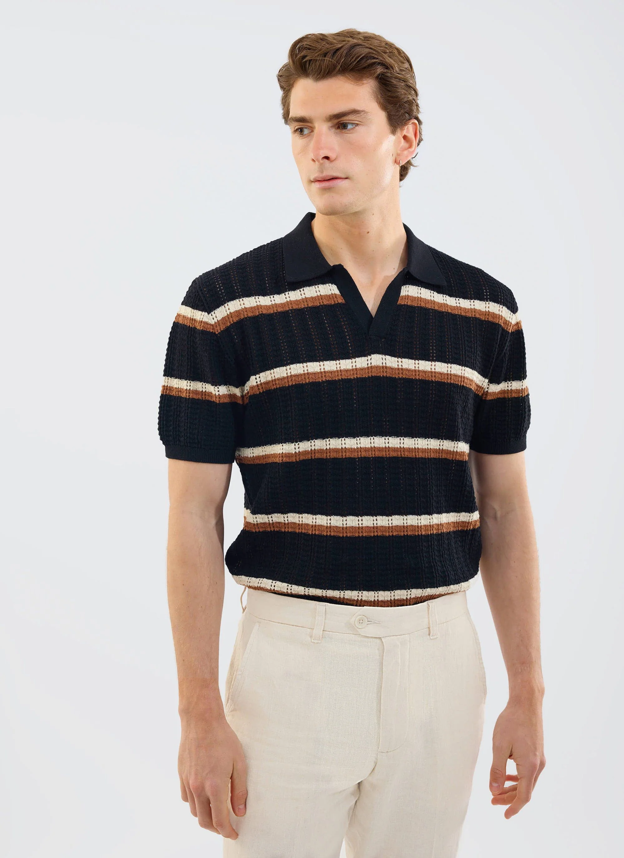 Tessaro Knitted Stripe Polo | Cotton | Black - Image 5