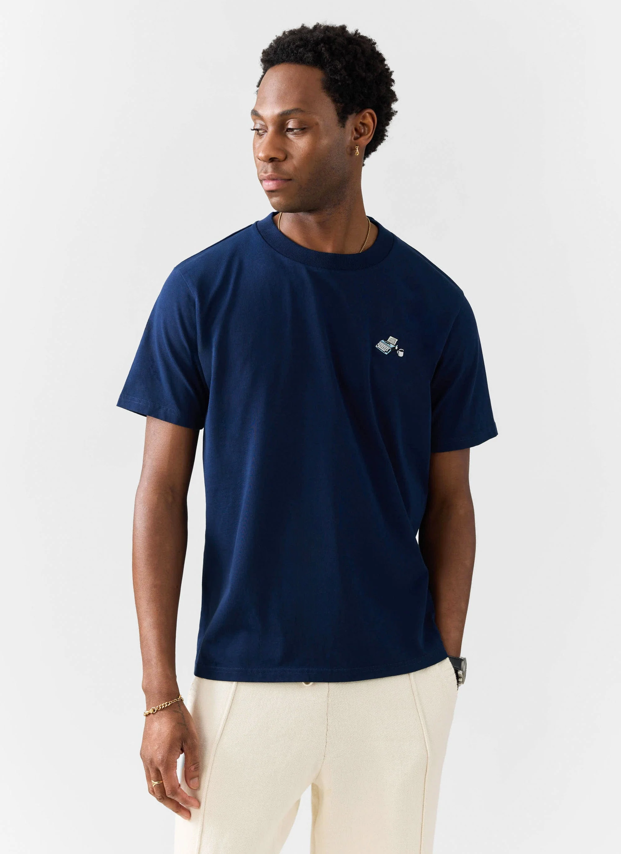 Typewriter Embroidered T Shirt | Organic Cotton | Navy - Image 2